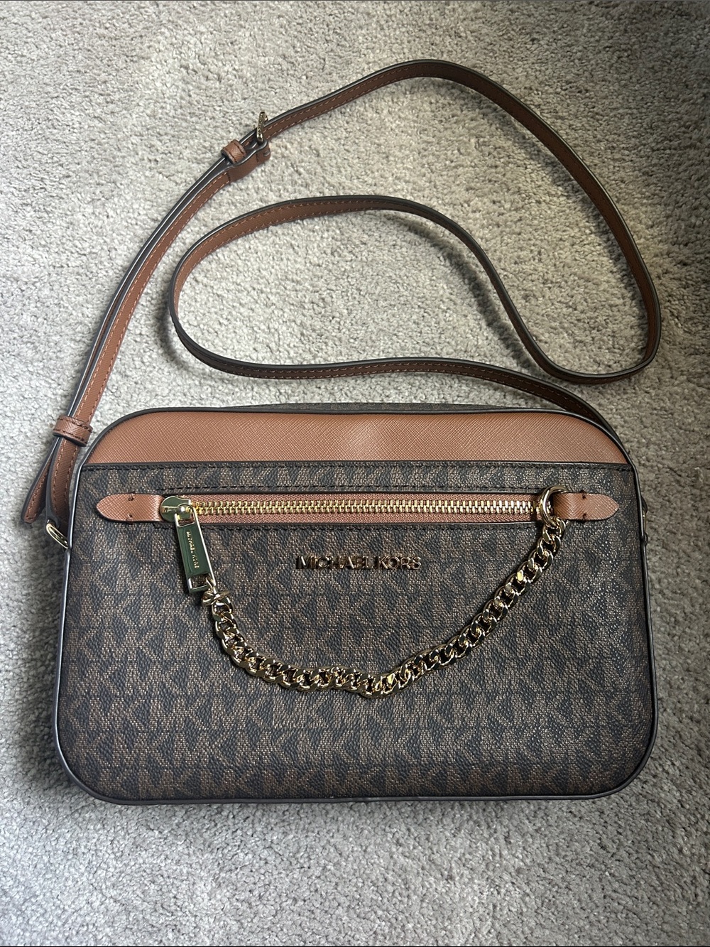 Michael Kors Brown Logo Jet-Set Crossbody with Gold Chain (NEVER USED)